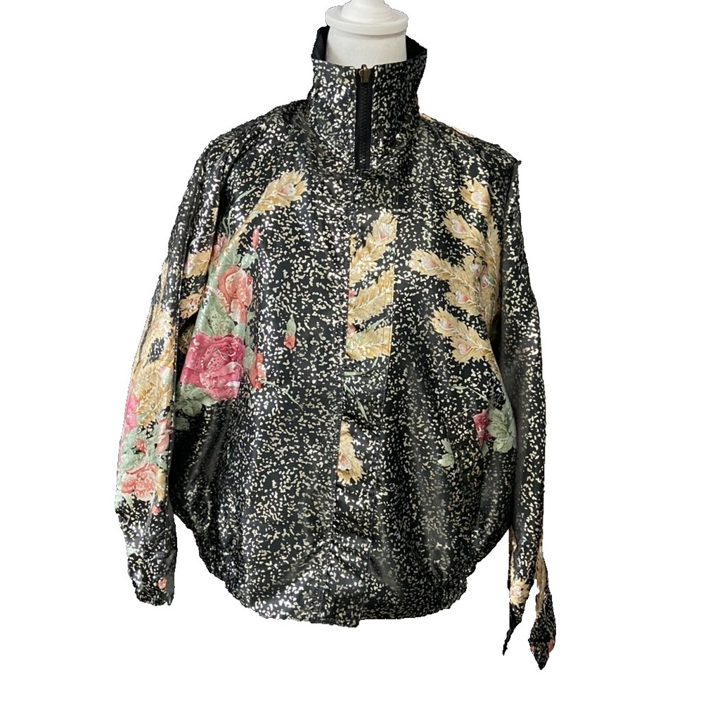 Vintage Just Joseph Jacket Womens Large Floral‎ Metallic Satin Black Zip 90s